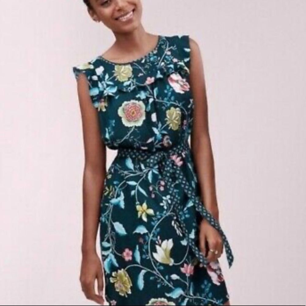Loft Floral Green Vine Flutter Cap Sleeve Dress size S